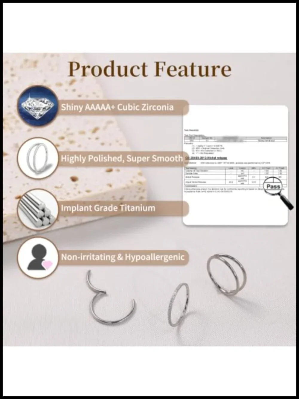 20G Titanium Nose Hoop Ring Set, Hypoallergenic Piercing Jewelry Trio, CZ &